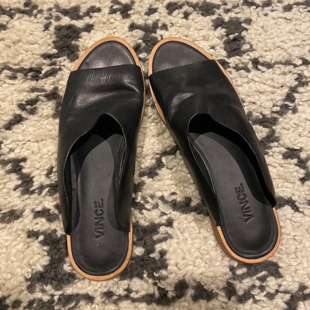 Vince Black Leather Slide Sandals with Tan Trim